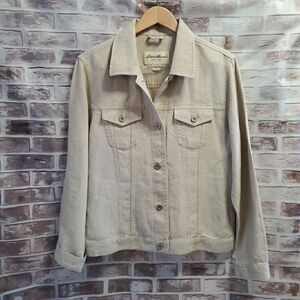 Eddie Bauer 100% Linen Shacket M Beige Roll Tab Sleeve Button Up Pockets